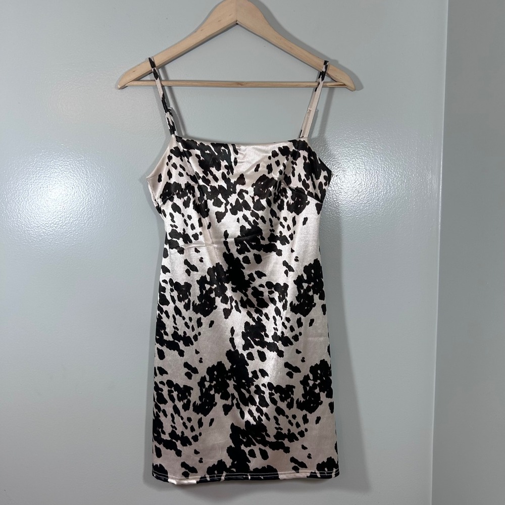 Urban Outfitters Cow Print Satin Mini Dress Black White Western Slip M